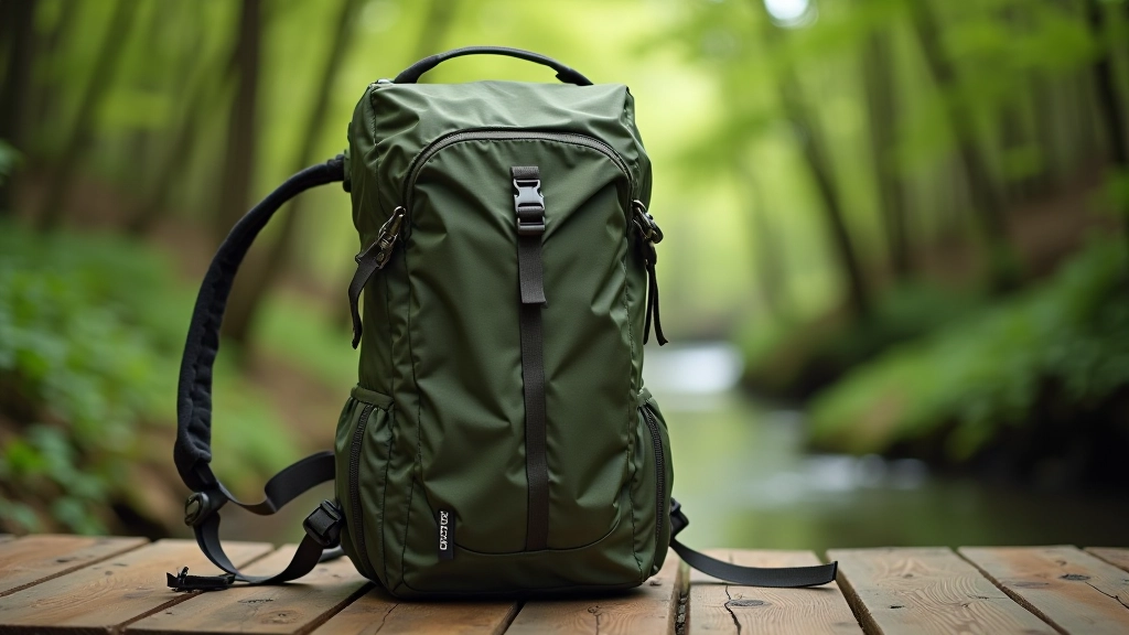 Mochila de senderismo con correas ajustadas, puesta sobre tabla de madera junto a sendero entre árboles