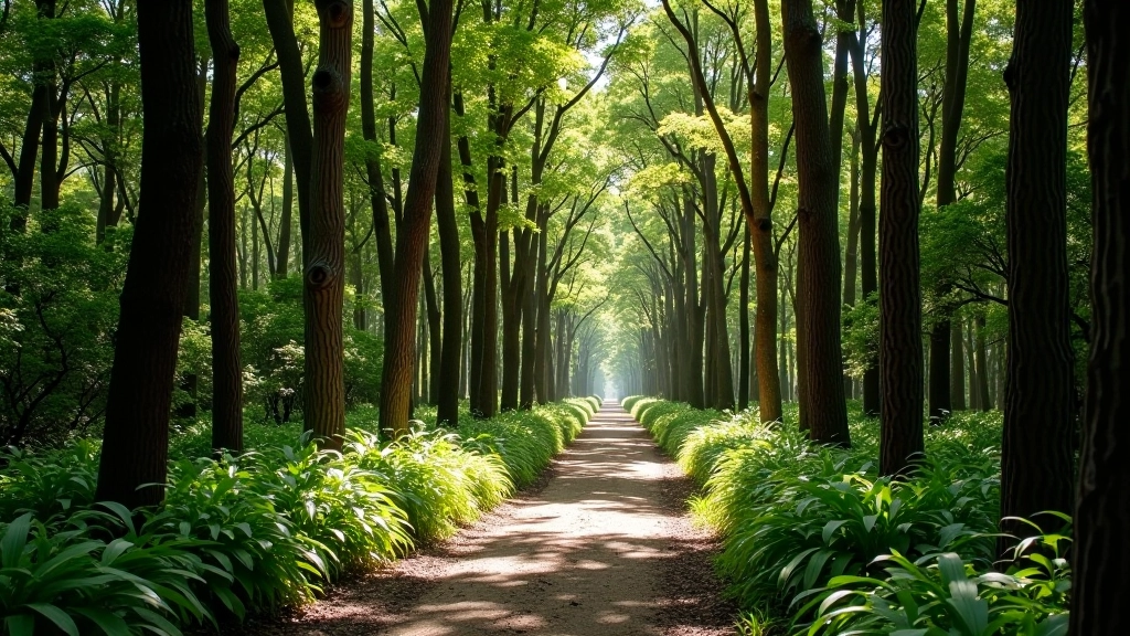 Sendero entre árboles mostrando marcas de tiempo de caminata, reloj de bolsillo sobre mapa, luz natural