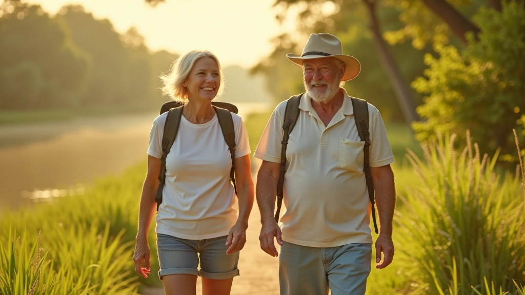 Personas caminando juntas en sendero del delta, adultos mayores disfrutando la naturaleza, luz natural, ambiente tranquilo y seguro