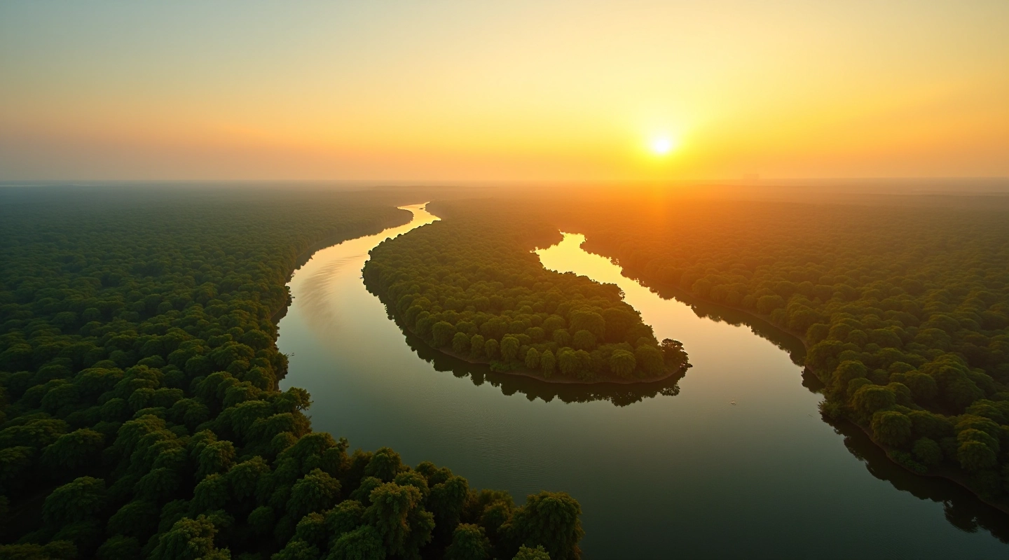 Vista panorámica de islas verdes del Delta del Tigre con canales de agua tranquila, atardecer dorado, naturaleza prístina