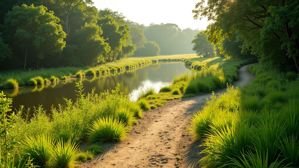 Sendero plano junto a un arroyo tranquilo del Delta, vegetación verde a ambos lados, luz matutina suave