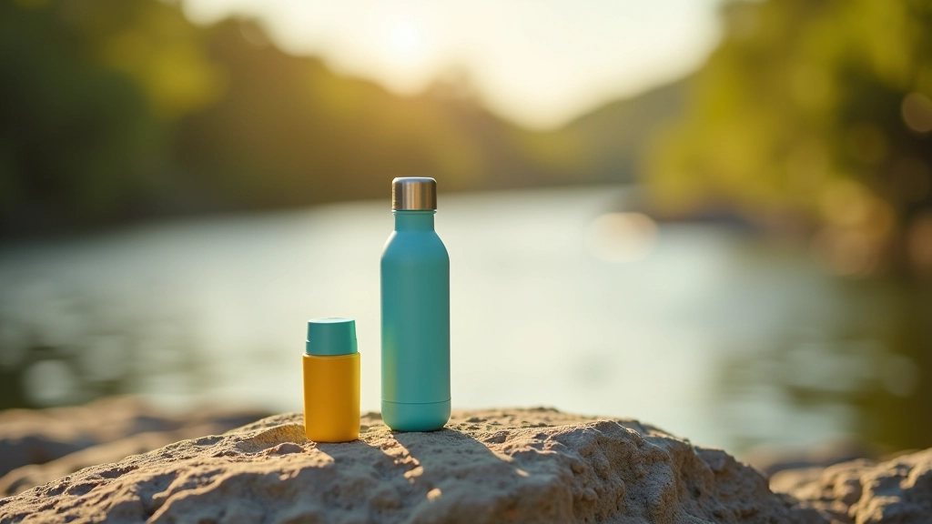 Botella de agua reutilizable y frasco de protector solar sobre roca al lado del agua, luz natural matinal