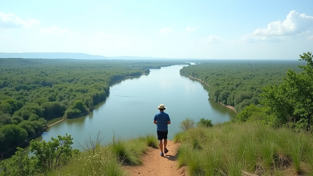 Vista amplia del río Paraná desde un mirador, vegetación densa del Delta alrededor, cielo azul despejado