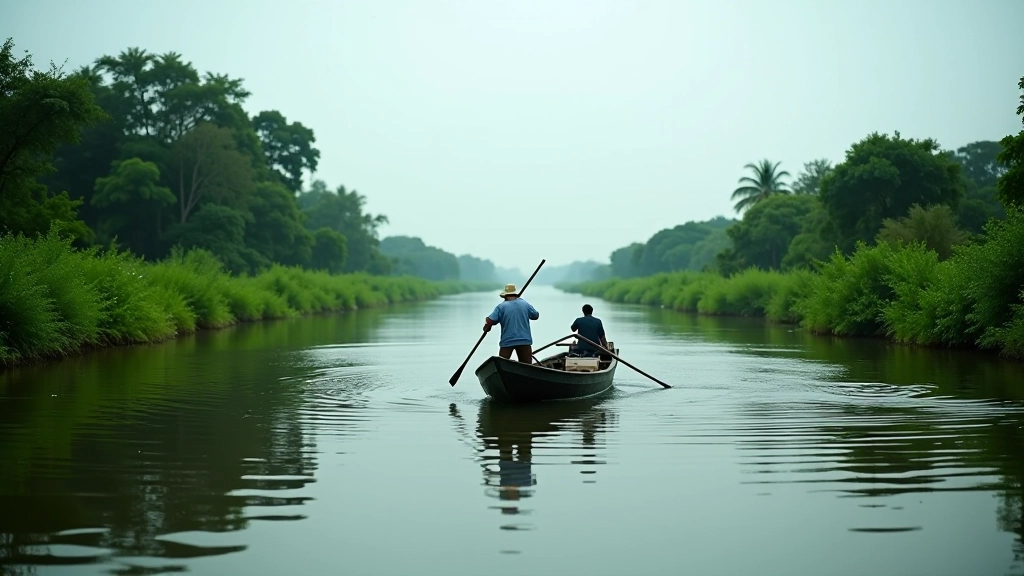 Bote pequeño en canal tranquilo del delta, agua cristalina, vegetación verde a los costados