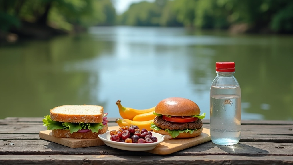 Merienda simple sobre banco de madera: botella de agua, sándwich, frutas secas, vista al río de fondo